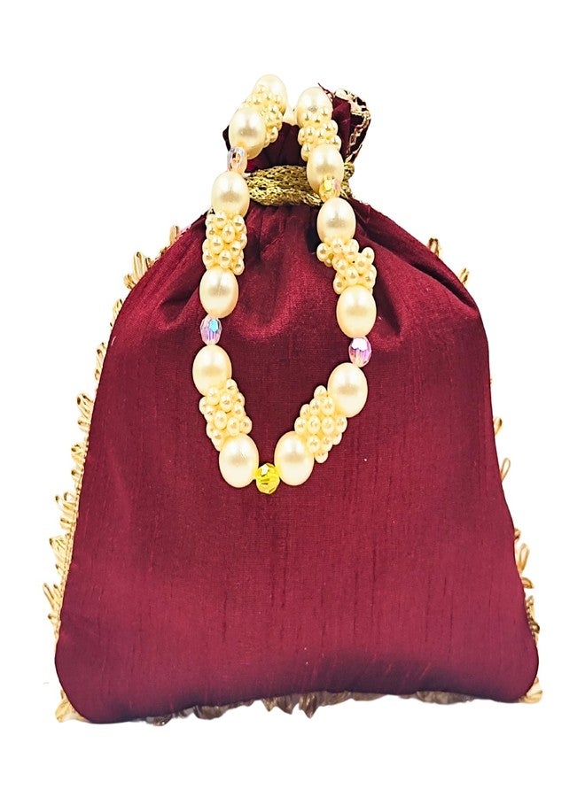 exotique Women’s Maroon Embroidered Potli Bag | Designer Silk Potli with Pearl Handle & Tassels | Wedding, Party & Festive Ethnic Clutch | HW0019MN - Image 2